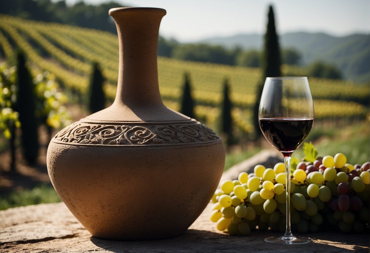 A Roman amphora sits next to a modern wine bottle. A vineyard and ancient ruins provide a backdrop. Rich colors and textures evoke the taste of Roman wine