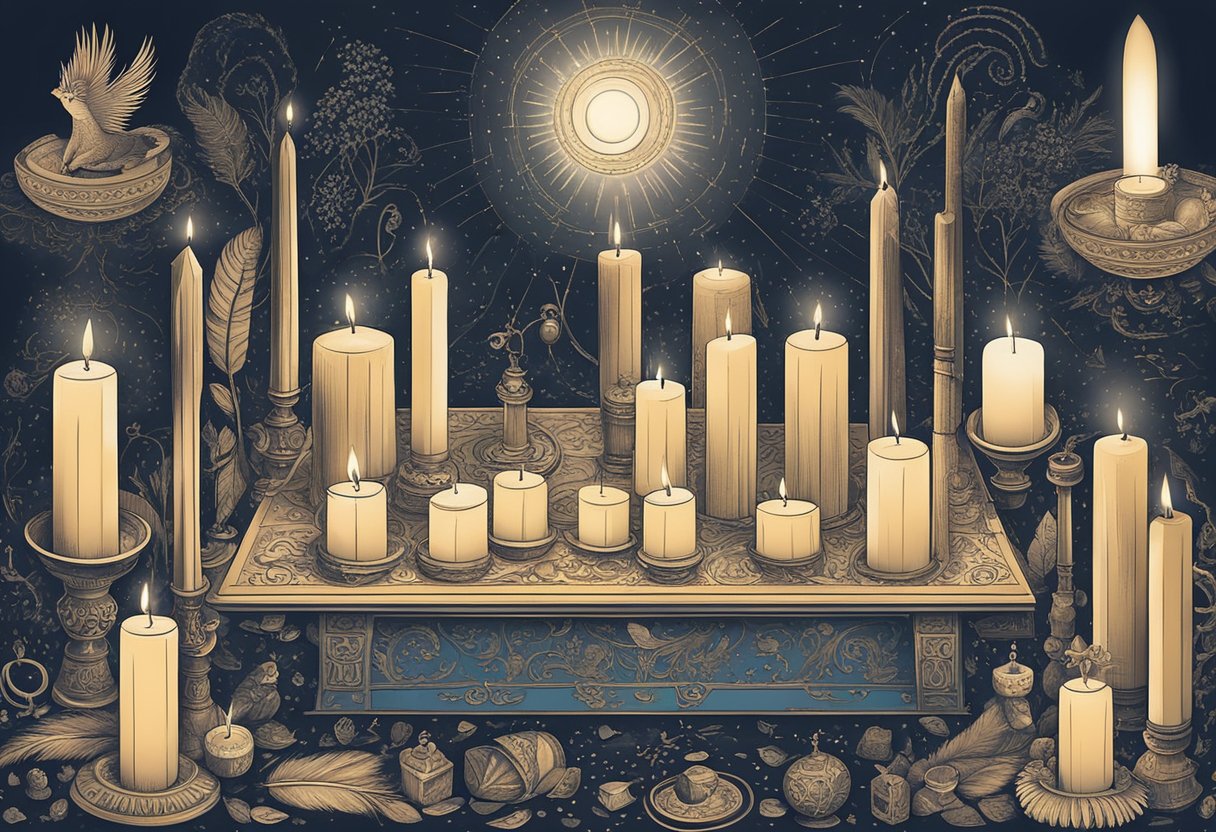 A beam of light shines down on a collection of baby names, surrounded by symbols of spirituality like candles, feathers, and incense