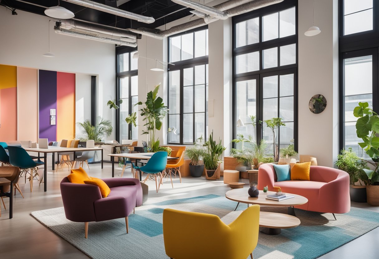 Colorful, open office space with modern furniture, vibrant wall art, and playful decor. Bright natural light floods the room, creating a lively and inviting atmosphere