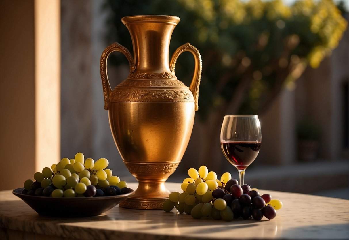A Roman amphora of wine sits on a marble table, surrounded by grapes and olives. The warm Mediterranean sun casts a golden glow over the scene, evoking the rich cultural significance and social aspects of Roman wine