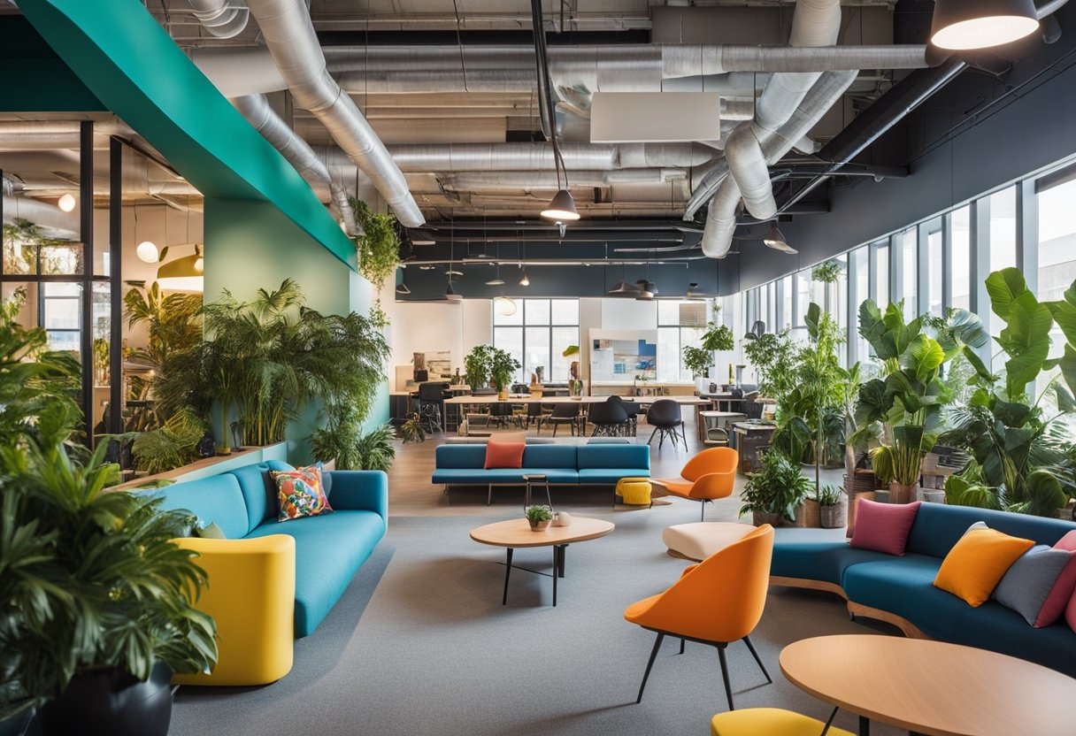 Colorful, open office space with flexible seating, vibrant murals, and natural light. Collaborative work areas, game zones, and greenery create a dynamic, playful atmosphere