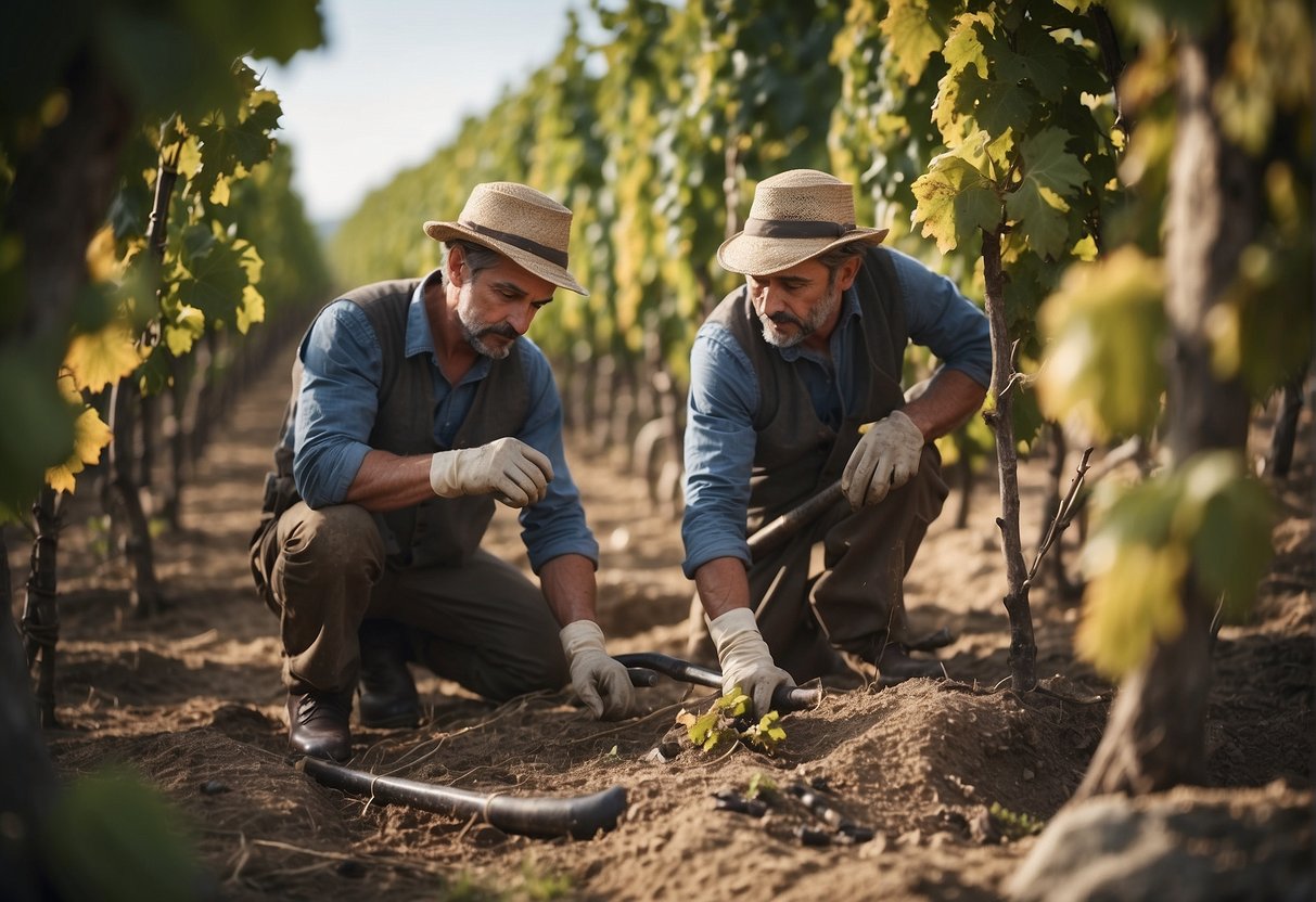 Vineyard workers carefully tend to ancient Roman grapevines, surrounded by tools and materials for historical wine restoration