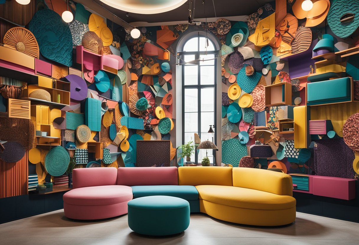 Colorful, oversized furniture arranged in a whimsical pattern. A giant, interactive wall mural with movable parts. Bright, fun artwork and playful decor throughout the space