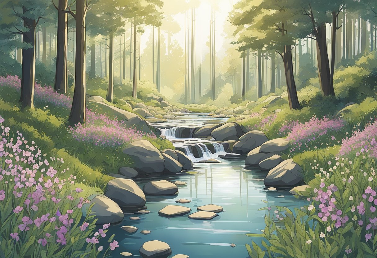 A serene forest clearing with shafts of sunlight, surrounded by blooming wildflowers and a gentle stream