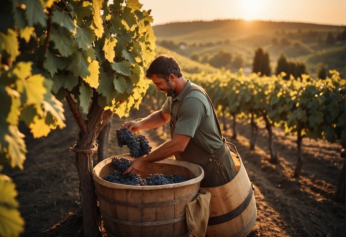 A Roman vineyard with grapevines, amphorae, and a wine press. A vineyard worker harvesting grapes. The sun setting over the vineyard