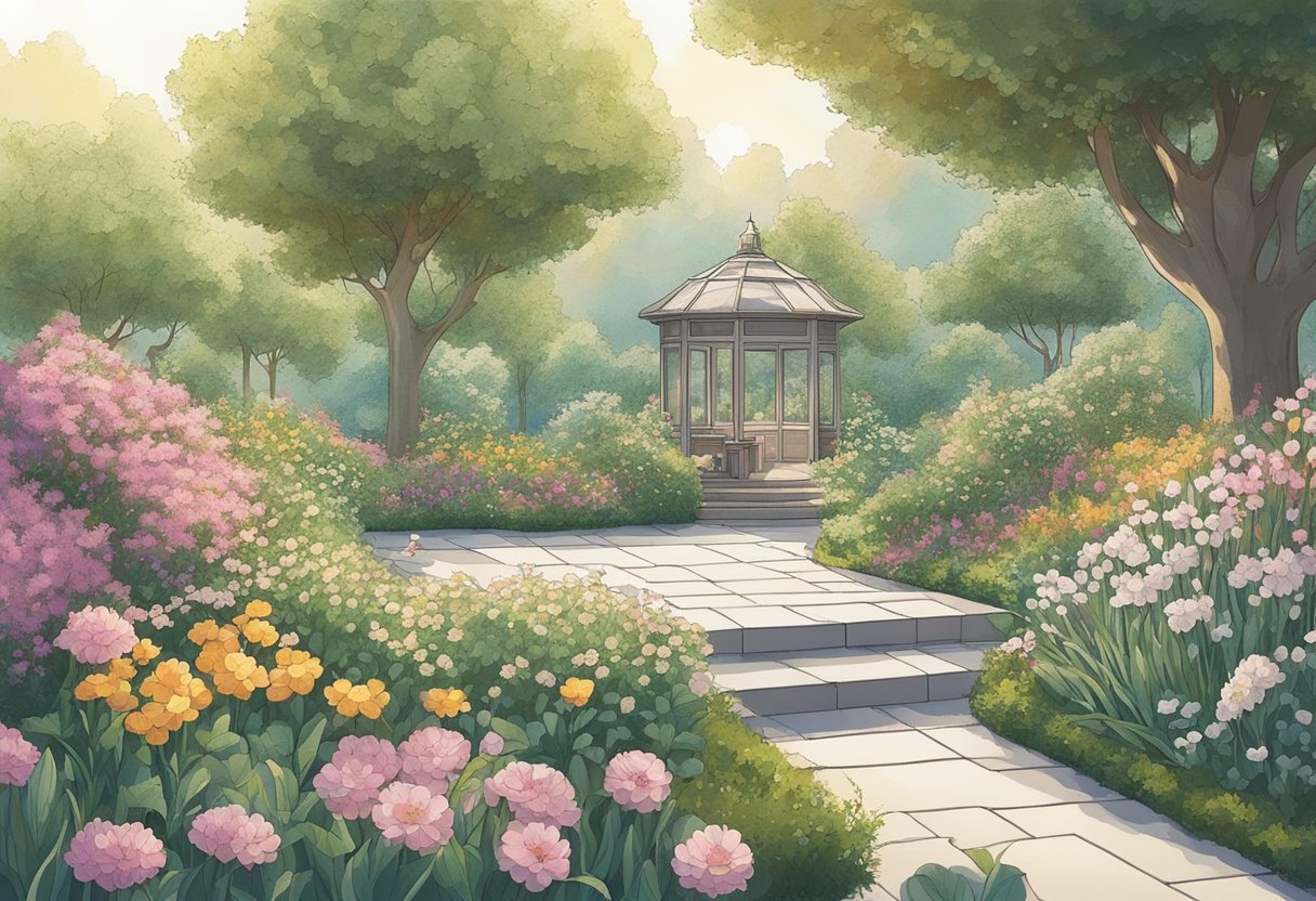 A serene garden with blooming flowers and gentle sunlight, evoking a sense of peace and spirituality
