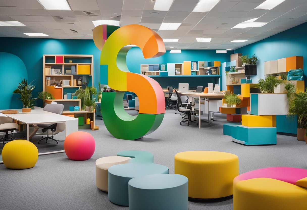 A colorful, open office space with whimsical decor, including oversized question mark sculptures, bright signage, and interactive displays