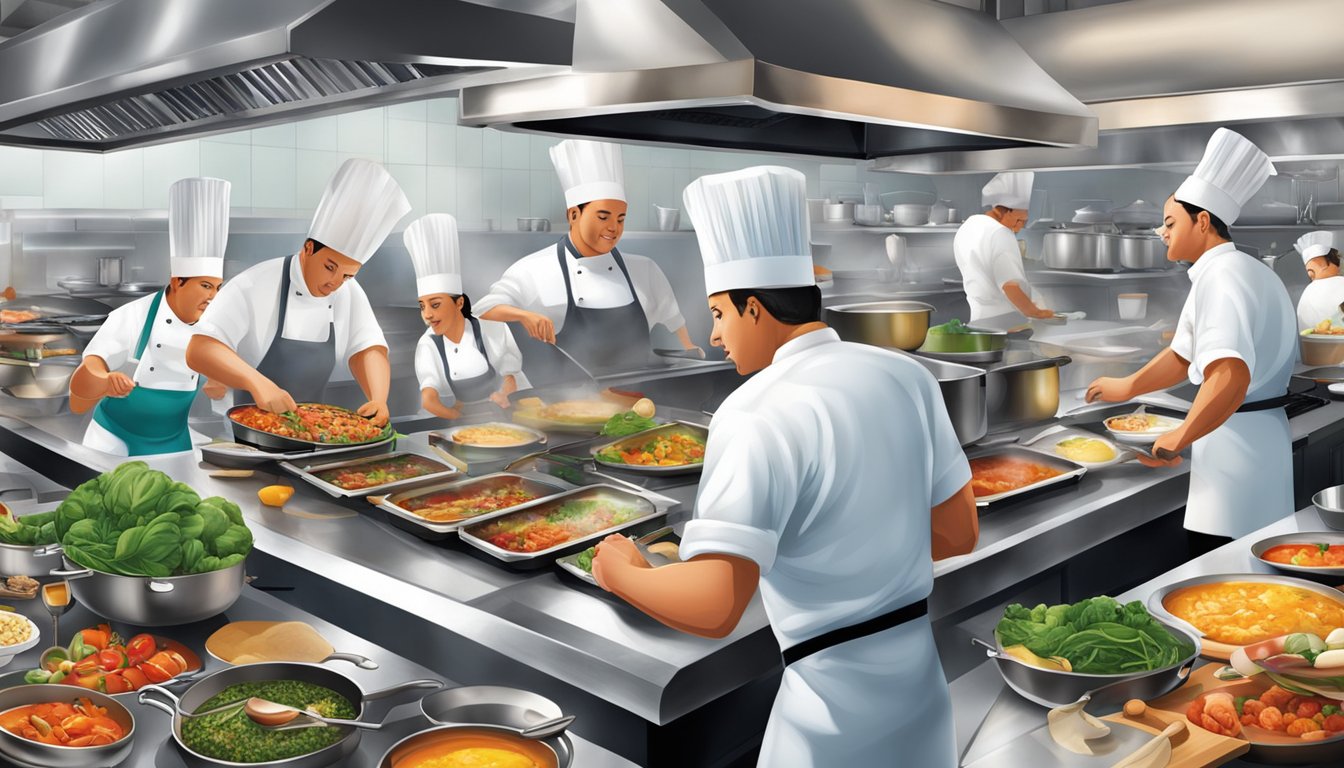 The bustling kitchen of Basilico Restaurant, filled with sizzling pans, colorful ingredients, and chefs expertly preparing a variety of culinary delights and menu offerings