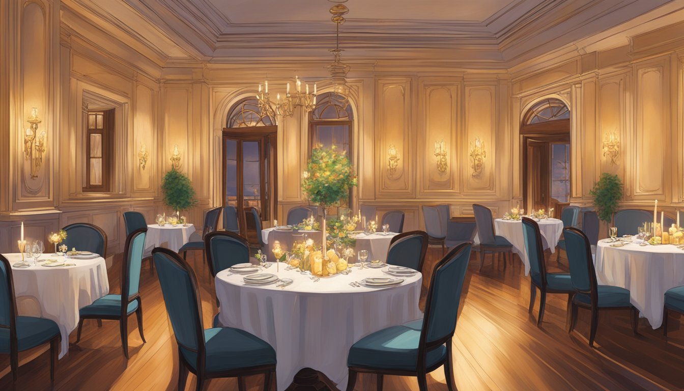 The warm glow of candlelight illuminates the elegant dining room, where attentive servers move gracefully among tables, ensuring every guest's needs are met