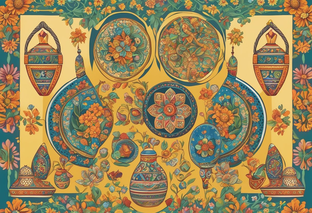 A colorful array of traditional Slavic symbols and objects, including nesting dolls, embroidery, and folk instruments, arranged on a patterned background