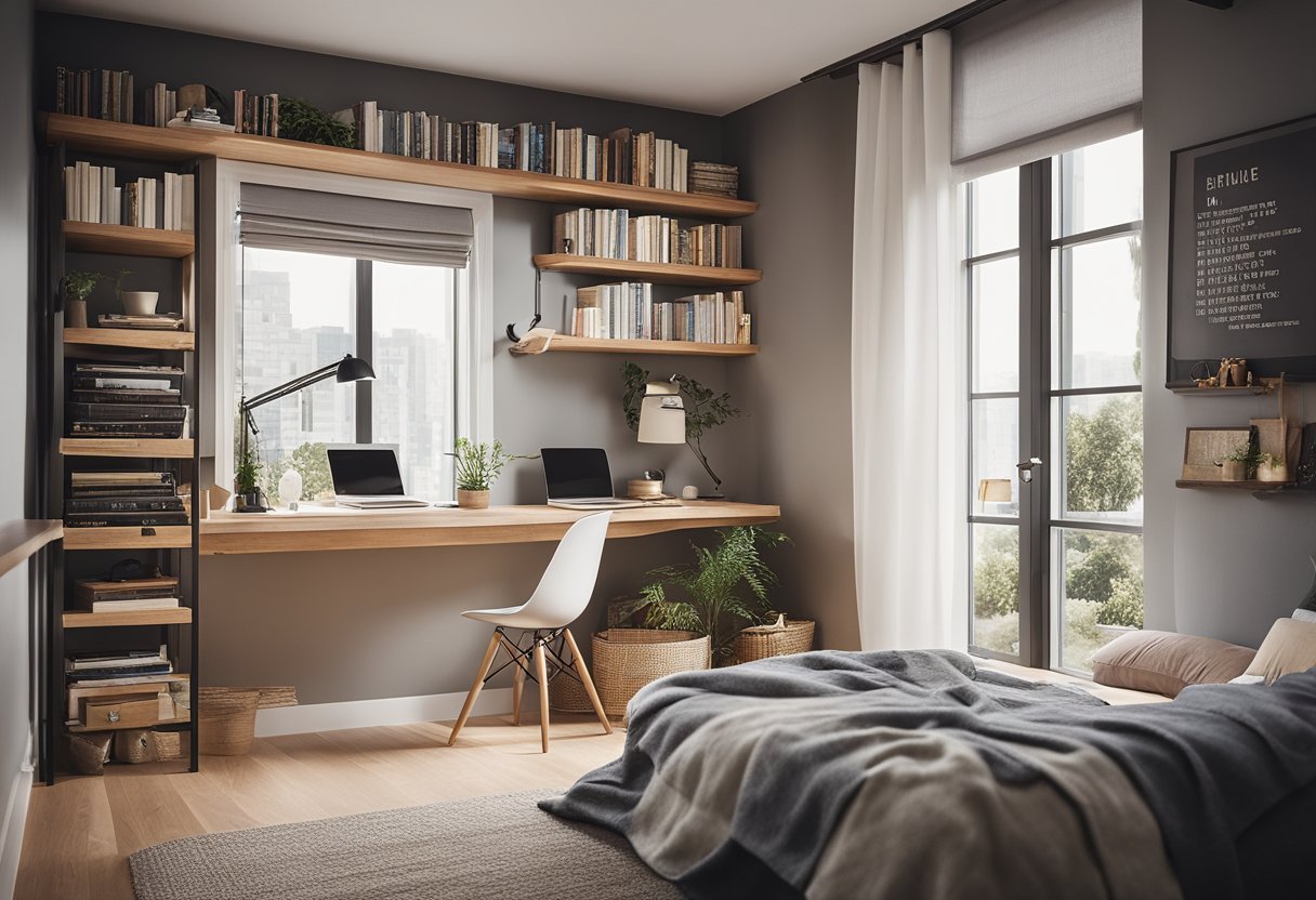 A cozy, clutter-free bedroom office with a built-in desk, floating shelves, and a comfortable reading nook by the window