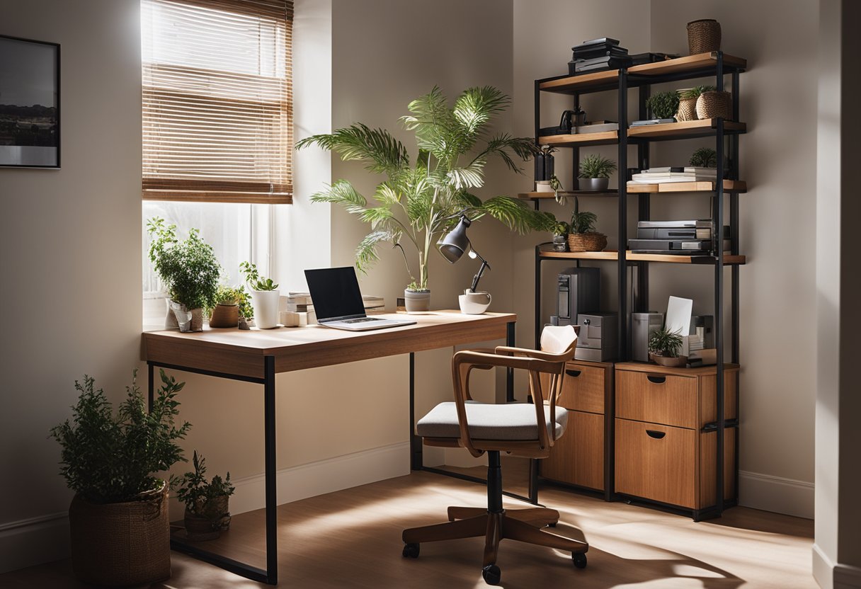A clutter-free desk sits in a cozy corner, with shelves and storage solutions maximizing space. A small chair is tucked neatly underneath, and natural light streams in through a window