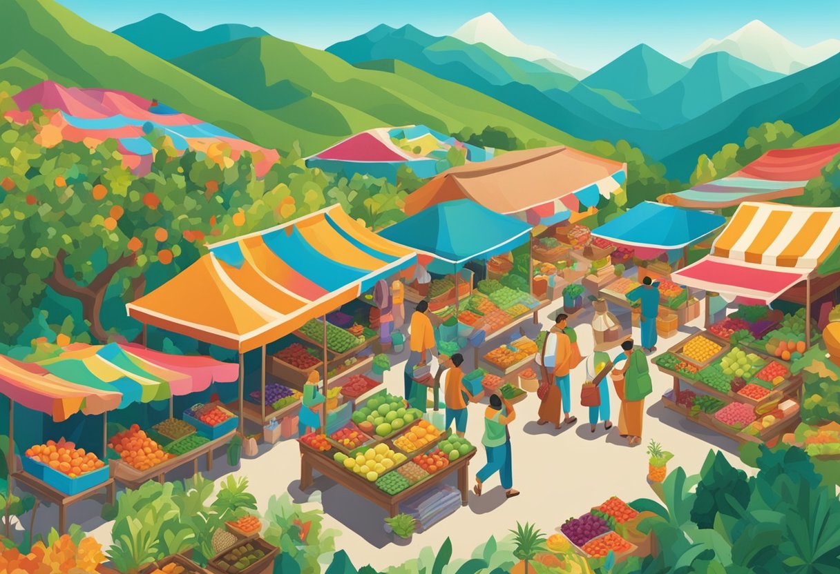 A vibrant market scene with colorful fruits and textiles, set against a backdrop of lush green mountains and a clear blue sky