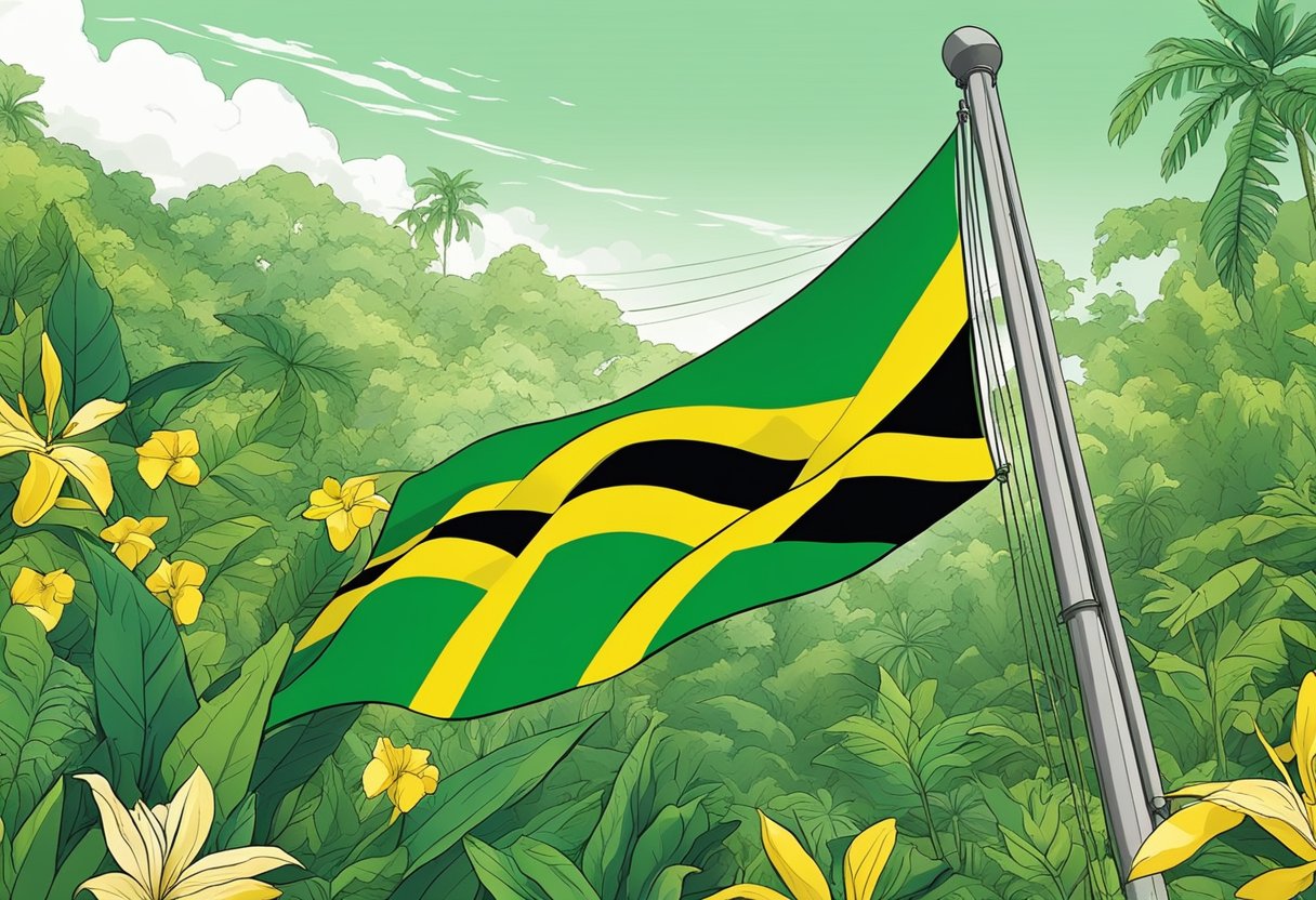 A vibrant Jamaican flag waves in the breeze, surrounded by tropical flowers and lush greenery