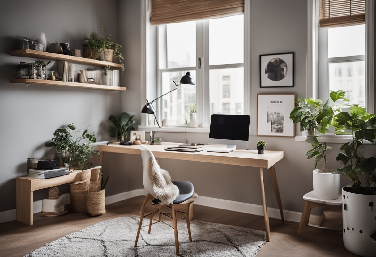 A cozy small bedroom office with a modern desk, stylish chair, personalized decor, and natural lighting