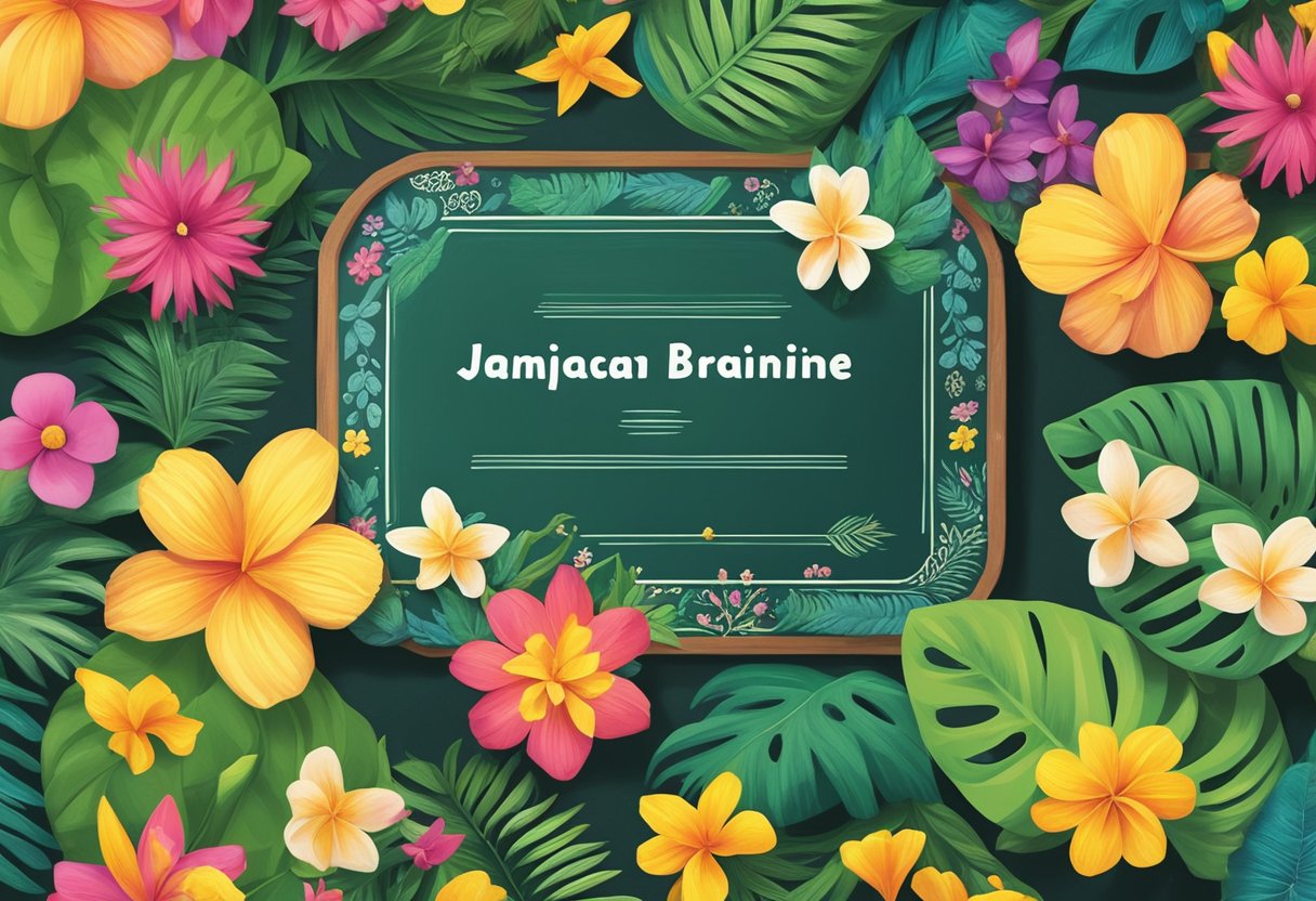 A colorful chalkboard with "Tips For Brainstorming The Perfect Name" and "Jamaican Baby Names" written in bold, vibrant letters surrounded by tropical flowers and symbols