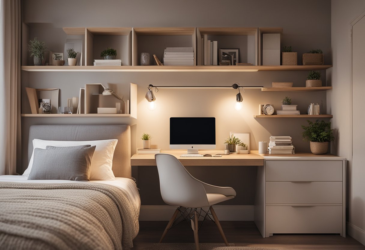A cozy bedroom with a desk, shelves, and a comfortable chair. Soft lighting and neutral colors create a peaceful work environment