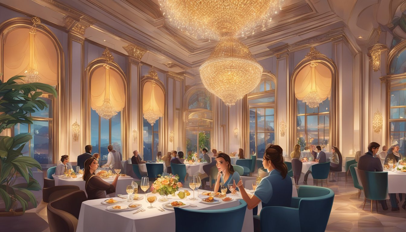 Customers enjoying gourmet dishes in a luxurious, jewel-themed restaurant with elegant decor and ambient lighting