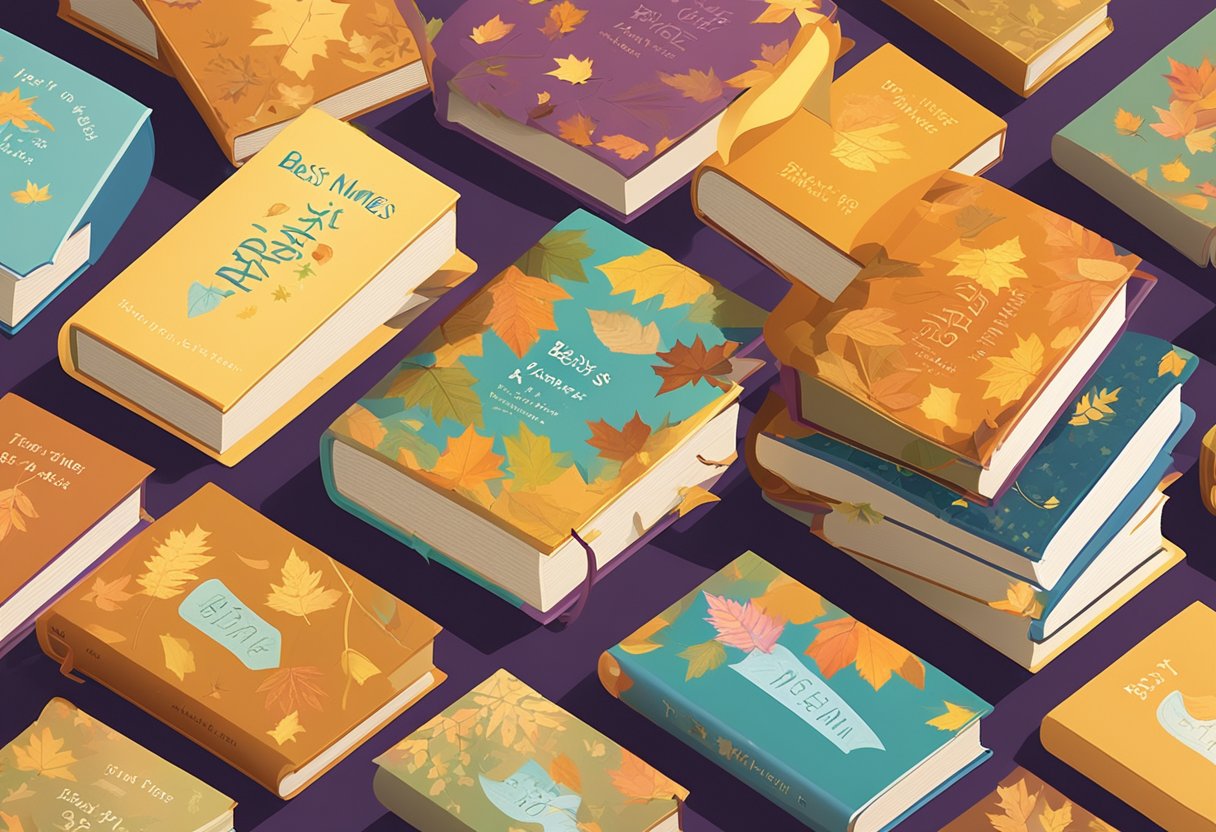 A pile of colorful baby name books with "Best Names" on the cover. The books are surrounded by crunchy, autumn leaves and a warm, golden light