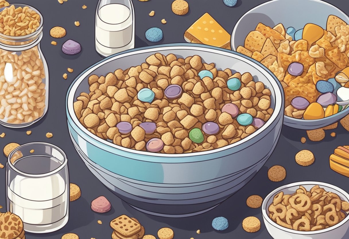 A bowl of cereal with milk, surrounded by various crunchy snacks and baby-related items
