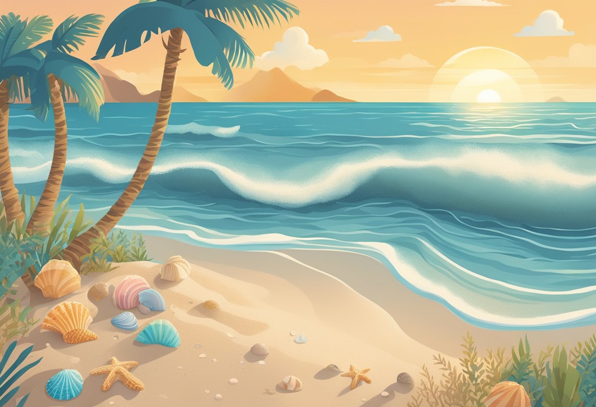 A sandy beach with seashells and waves, a gentle breeze rustling through palm trees, and a colorful collection of beach-inspired baby names written in the sand