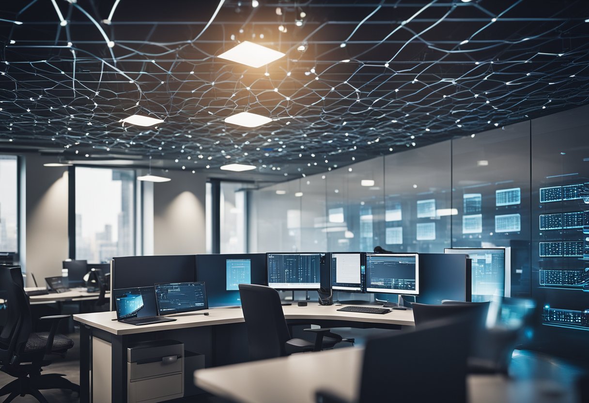 The small office network design includes firewalls, encryption, and access control. Devices are connected via secure wired and wireless connections