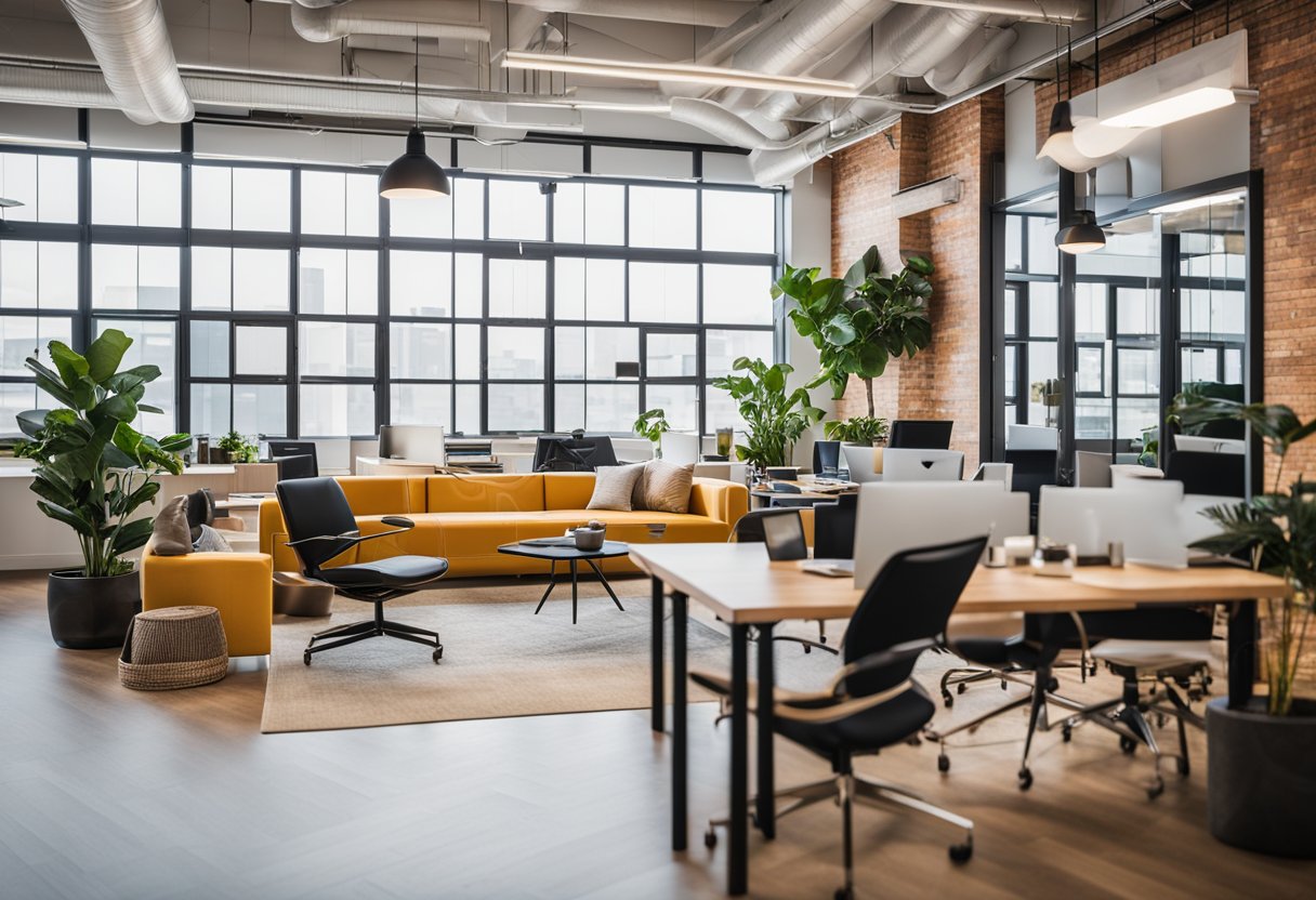 The modern startup office features sleek furniture, vibrant accent walls, and plenty of natural light. The open layout encourages collaboration and creativity