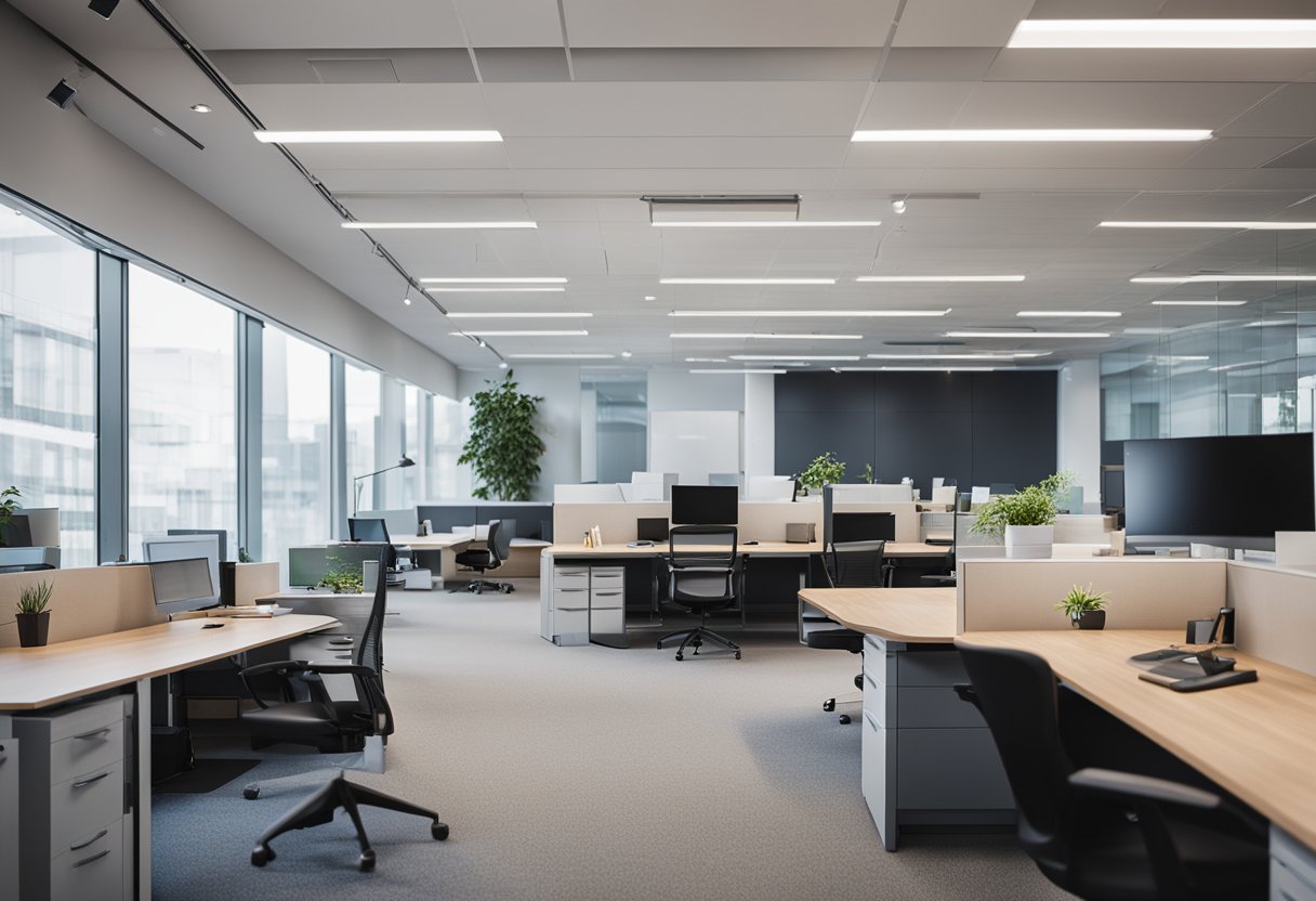 The modern office space features open floor plan, natural lighting, and collaborative work areas with ergonomic furniture