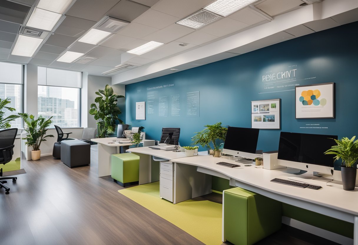 An open, modern office space with natural light, vibrant colors, and motivational quotes on the walls. Comfortable seating areas and collaborative workspaces