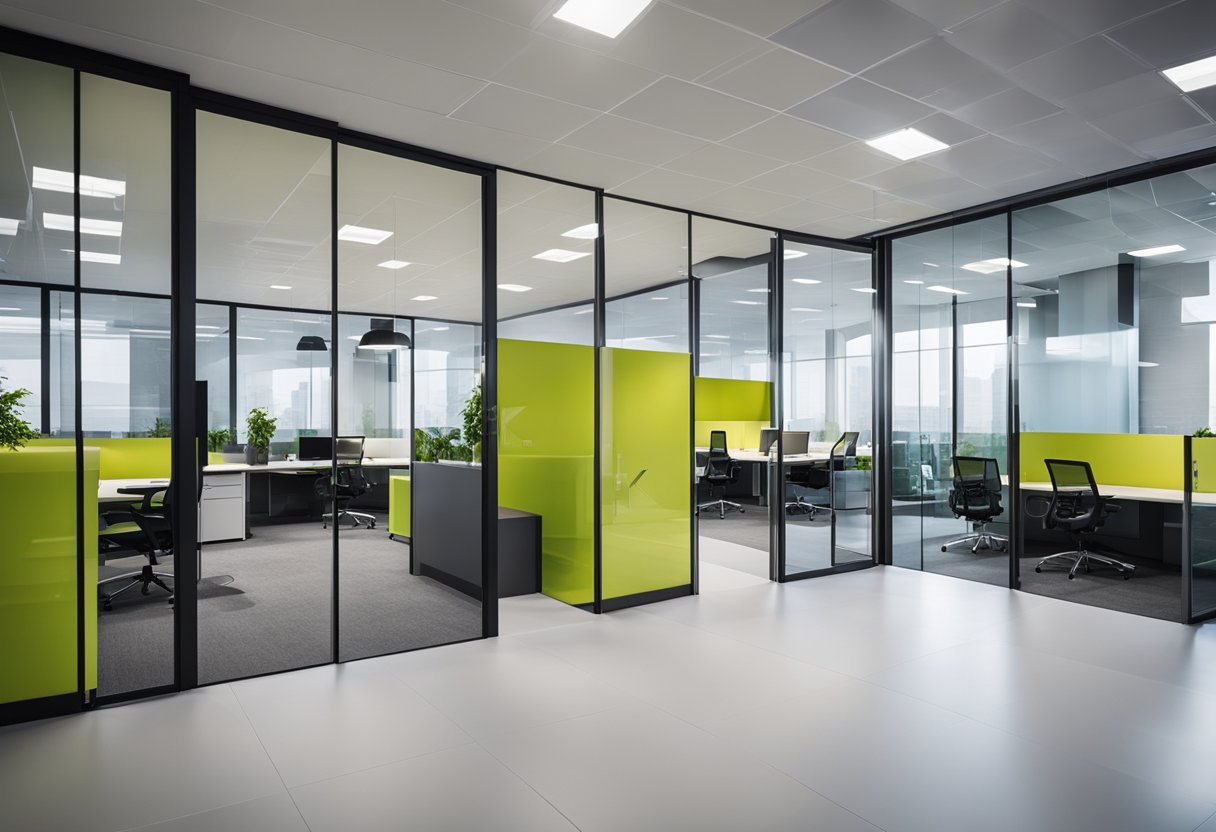 A modern open-plan office with bright, minimalist design. A large communal area with sleek furniture and a vibrant color scheme. Glass partitions separate private workspaces