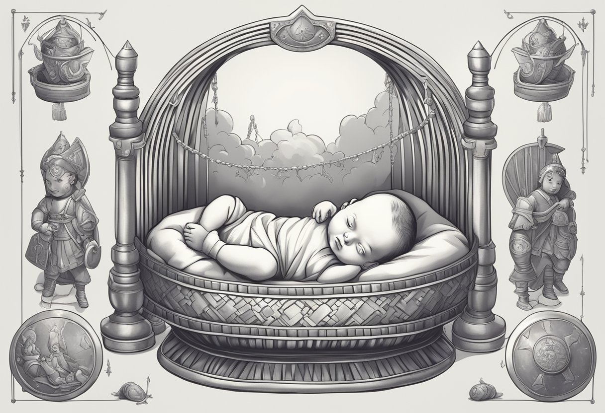 A newborn baby lies in a cradle, surrounded by symbolic warrior objects like shields and swords