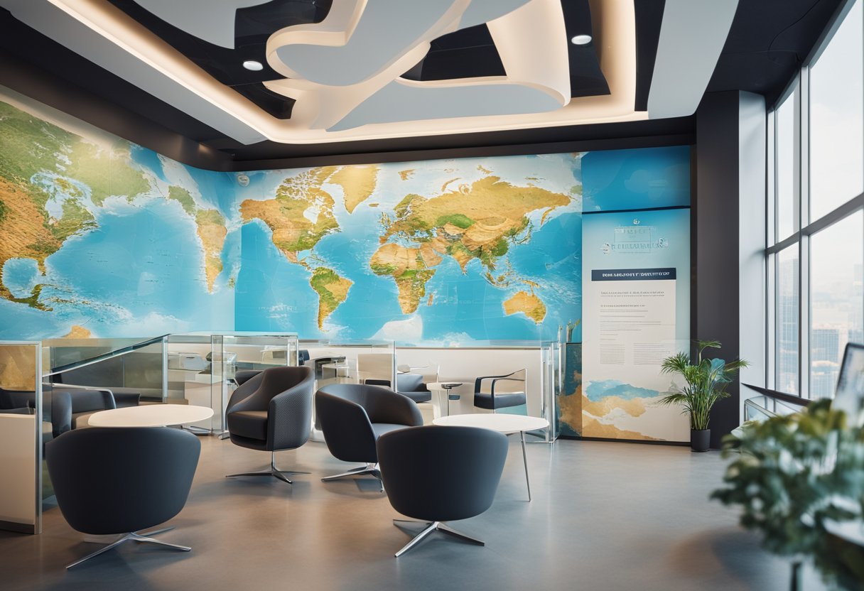 A bright, modern travel and tours office with a sleek reception area, comfortable seating, and large world map on the wall