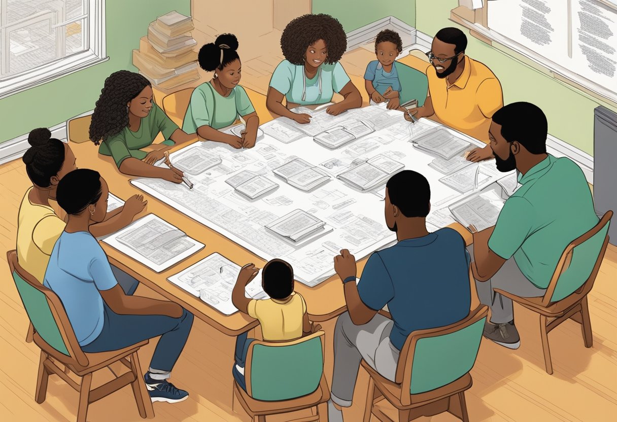 A diverse group of parents sit around a table, brainstorming and discussing African American baby names. A whiteboard displays a list of potential names, while books and resources on African American culture and heritage are scattered around the room