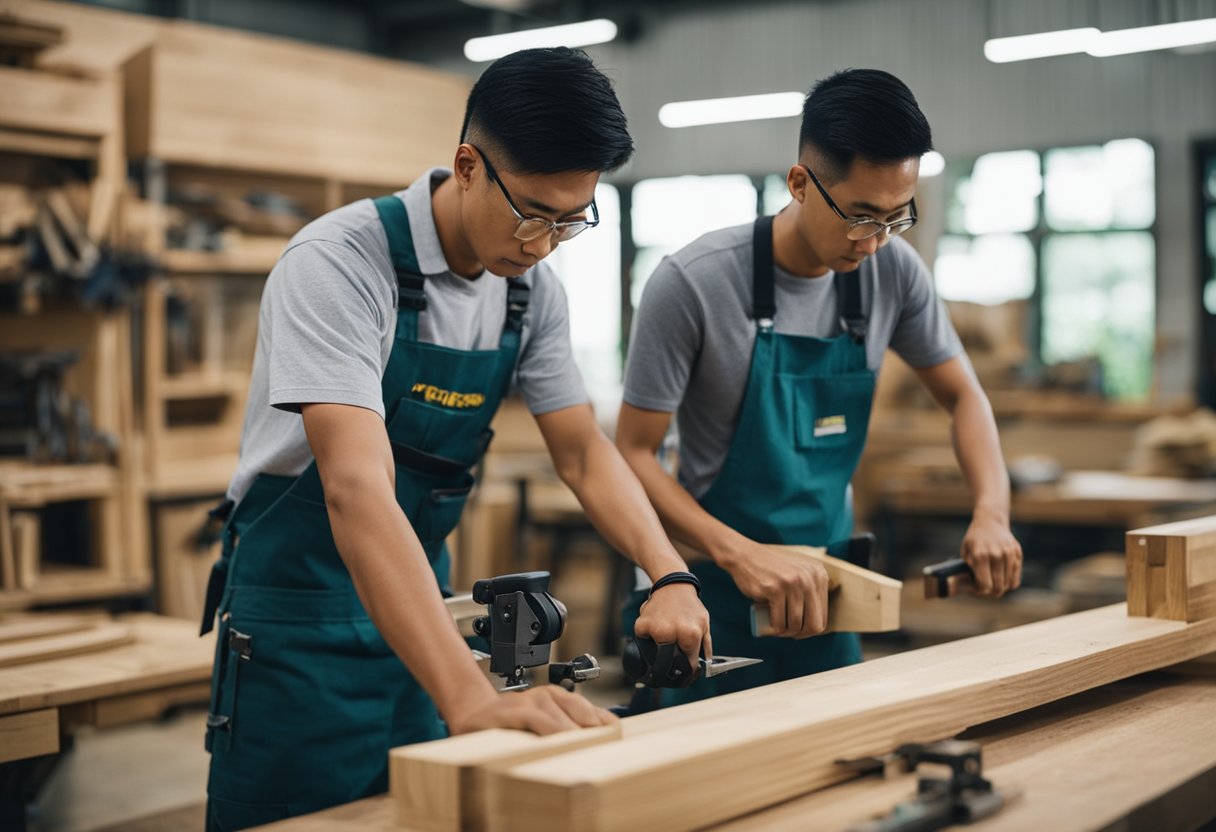 A carpentry apprentice in Singapore measures and cuts wood, while a mentor oversees the progress. Tools and workbenches fill the workshop