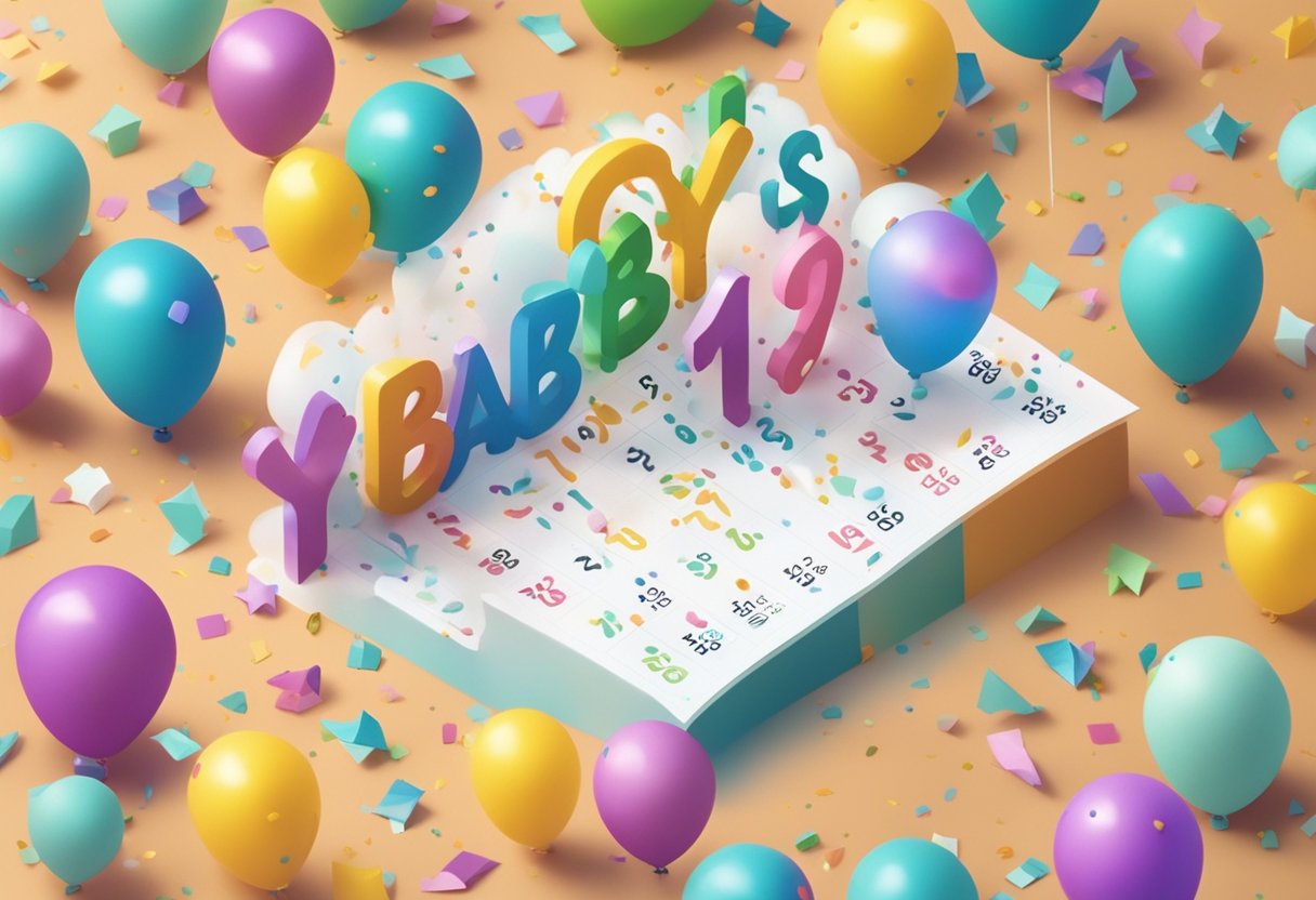 Colorful confetti and balloons surround a calendar flipping to January 1st, with "New Year's Baby Names" written in bold letters