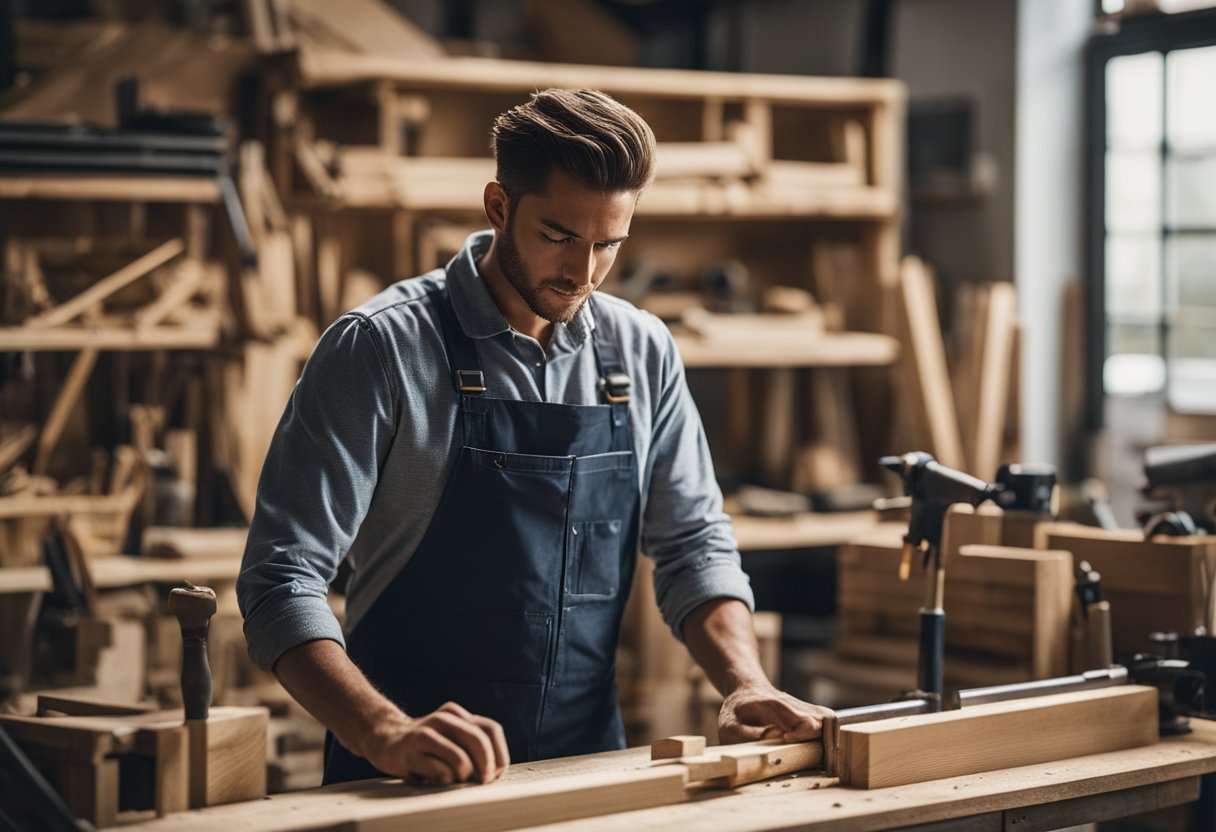 A carpentry apprentice hones skills under guidance, surrounded by various tools and wood materials in a well-lit workshop