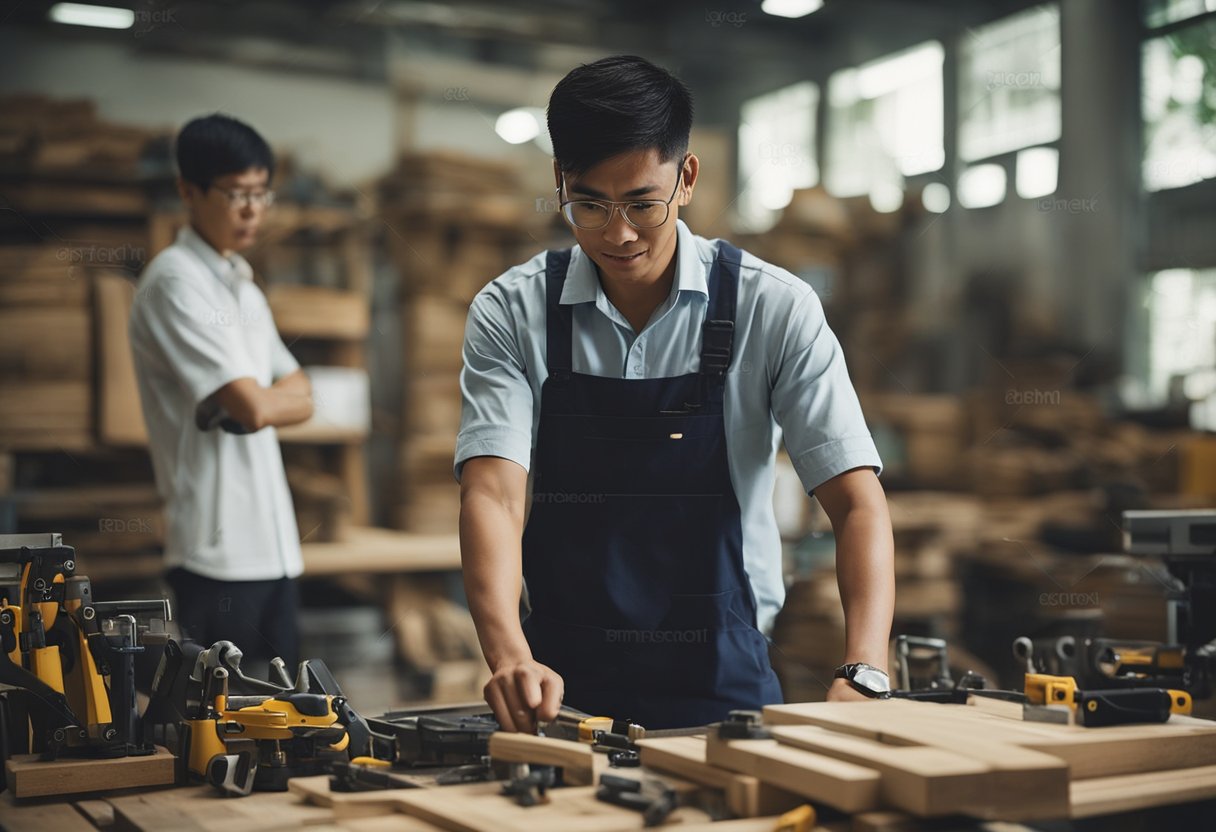 A carpentry apprentice in Singapore, surrounded by tools and materials, receives guidance from a mentor