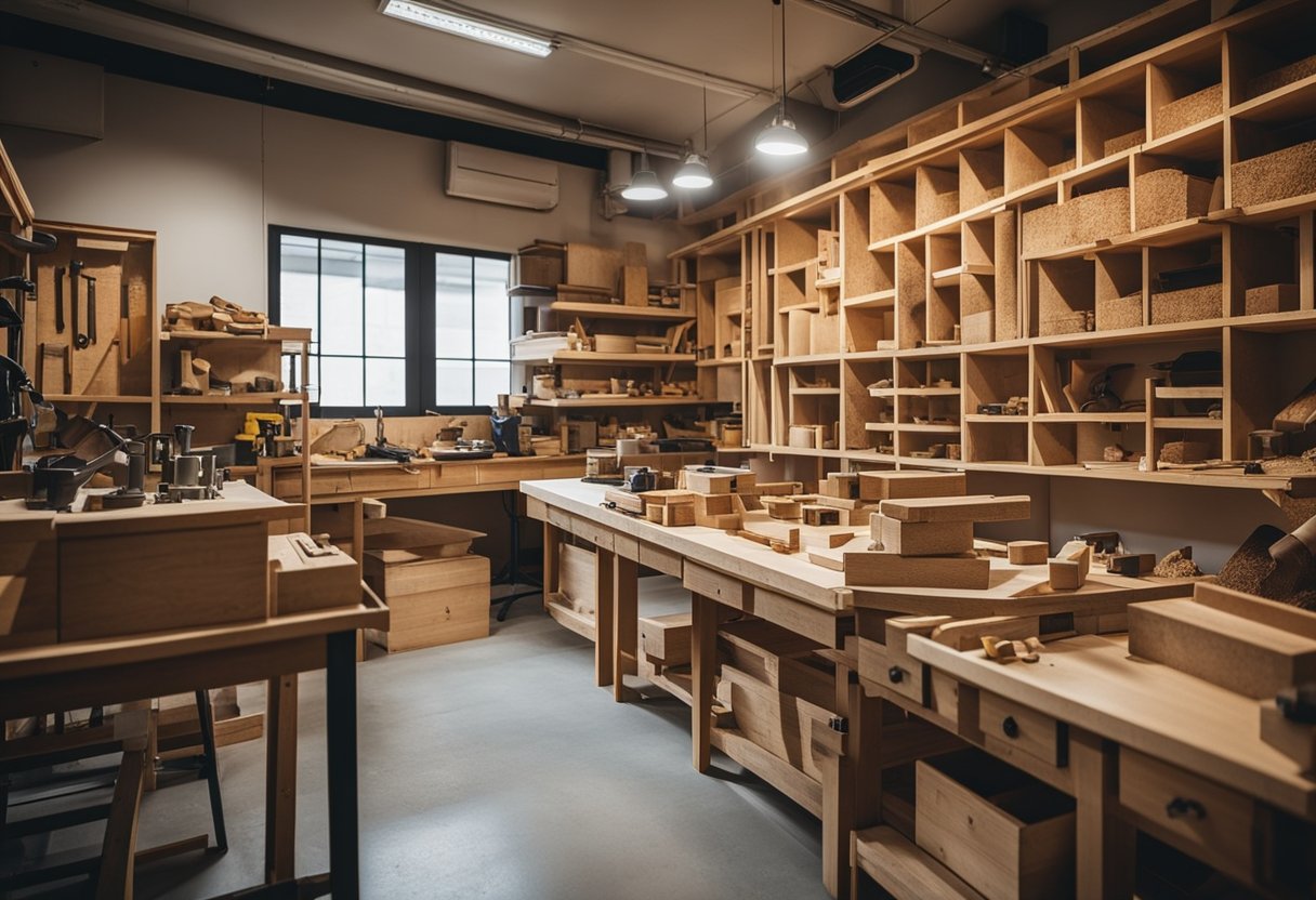 A well-lit carpentry workshop in Singapore, filled with sawdust, wood shavings, and various tools neatly organized on the walls and workbenches