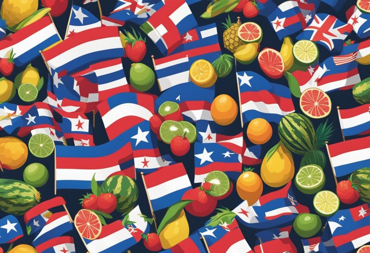 A colorful display of Puerto Rican flags, coqui frogs, and tropical fruits for inspiration