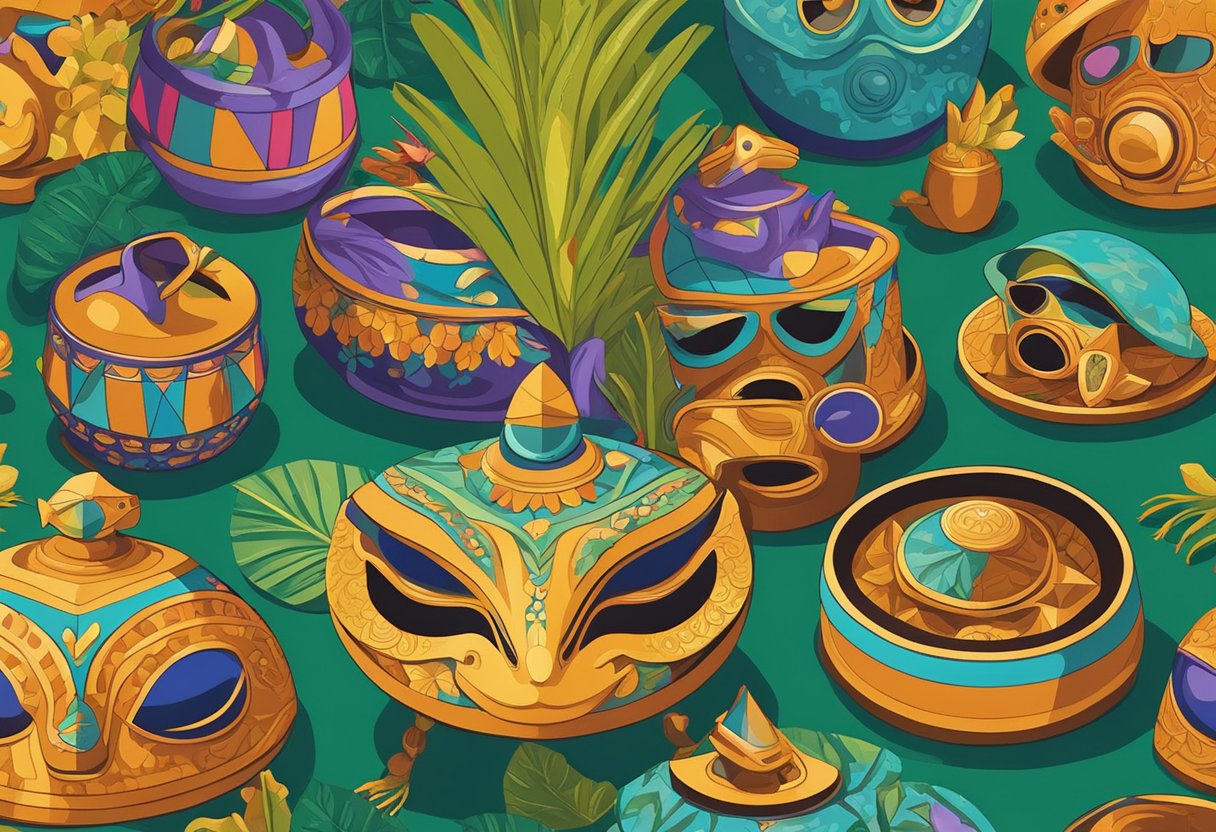 A colorful array of traditional Puerto Rican symbols and objects, such as coqui frogs, vejigante masks, and plena drums, arranged in a vibrant and lively composition