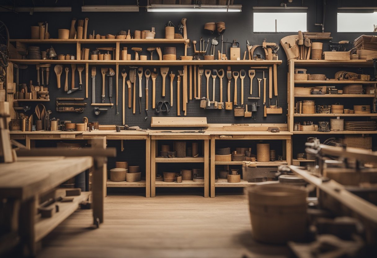A carpentry workshop in Singapore with various tools and materials neatly organized on workbenches, while sawdust and wood shavings cover the floor