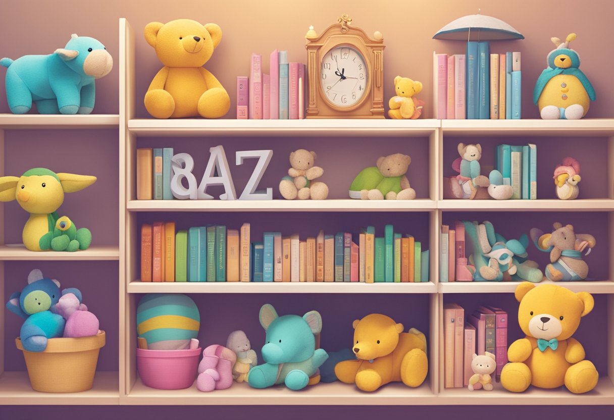Colorful display of "Az" baby names on a bookshelf, surrounded by soft toys and nursery decor