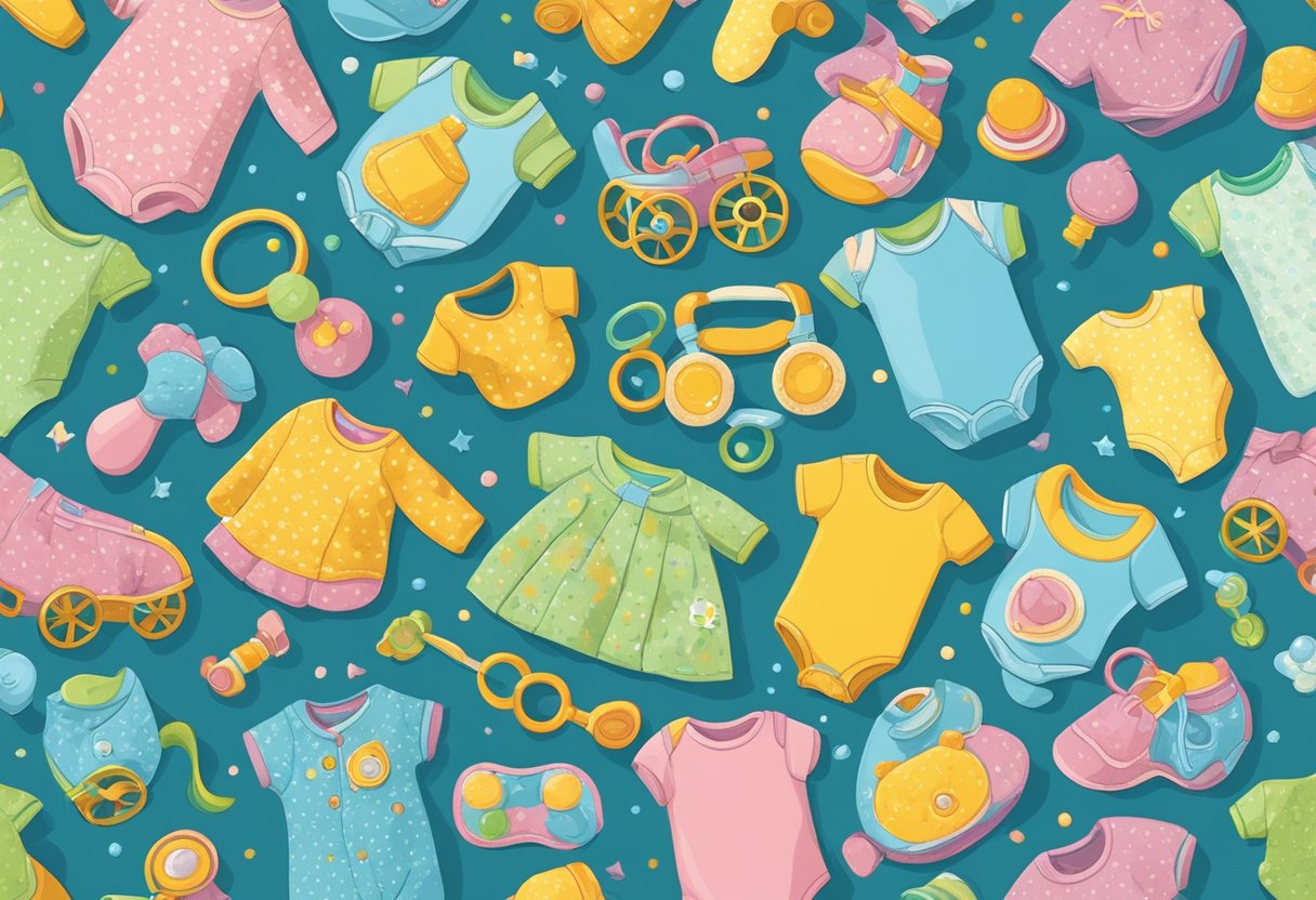 A colorful array of baby-related items, such as rattles, onesies, and pacifiers, arranged in a playful and whimsical manner