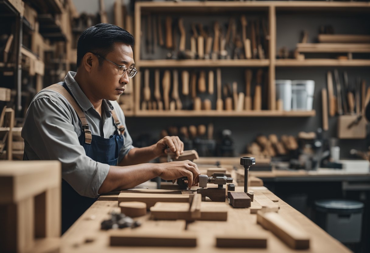 A carpentry workshop in Singapore, with tools and materials neatly organized on workbenches, and a skilled craftsman working on a wooden furniture piece