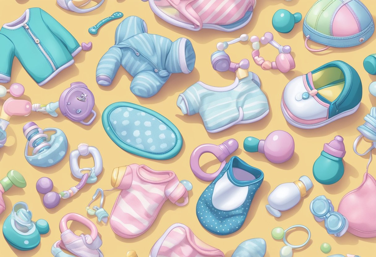 A colorful array of baby-related items, such as rattles, pacifiers, and onesies, scattered across a soft, pastel background