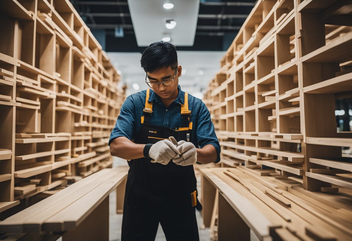 A carpenter constructs a custom event display in Singapore, using precision tools and expert techniques