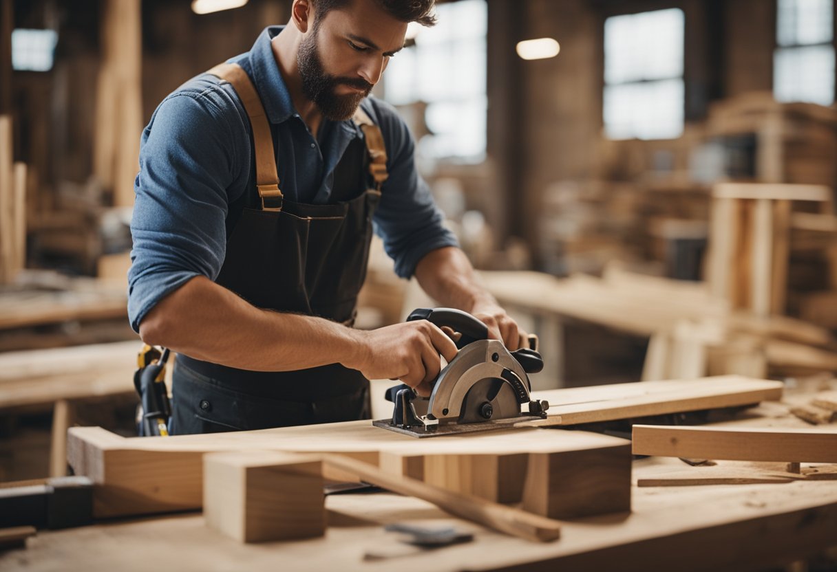 A carpenter carefully measures and cuts wood for an event booth. Saws, hammers, and measuring tapes are scattered on the workbench