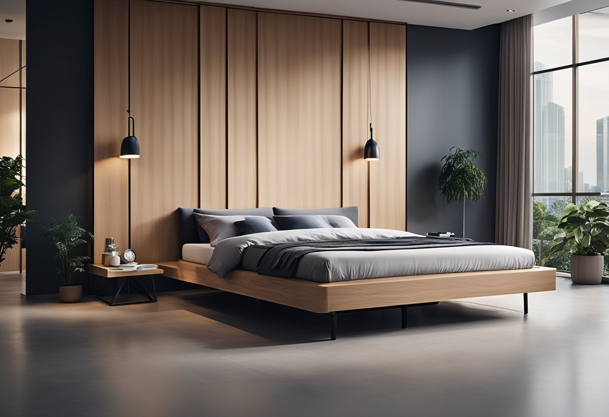 A sleek, minimalist platform bed with clean lines and smooth wooden finish, set against a backdrop of modern carpentry workshop in Singapore