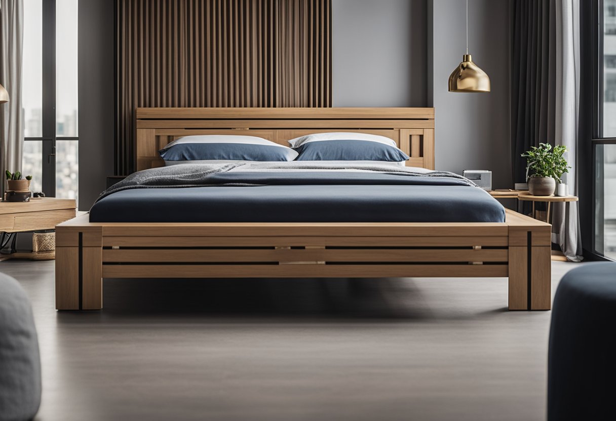 A sturdy platform bed frame is meticulously crafted in a Singapore carpentry workshop, showcasing exceptional craftsmanship and durability
