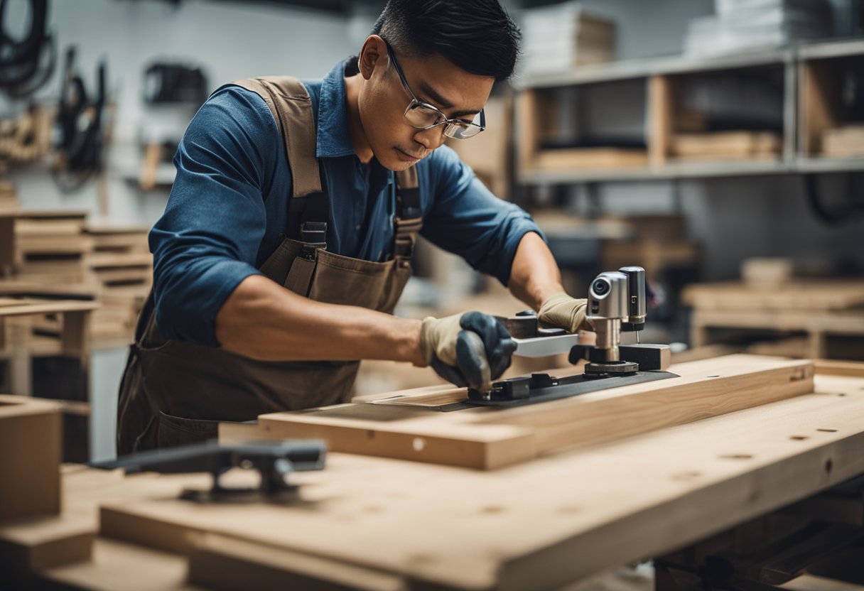 A carpenter assembling a platform bed in a workshop in Singapore. Tools and materials are neatly organized around the work area